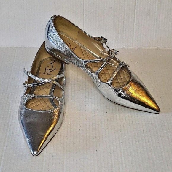 Sam Edelman Cass Flats Mary Jane Leather Silver Pointed Toe Women's Size 10.5 - Picture 2 of 11